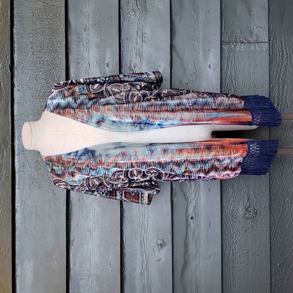 165 ONE WORLD Printed Velvet Dolman Fringe Hem Kimono Topper Cardigan M Women's - Picture 2 of 9